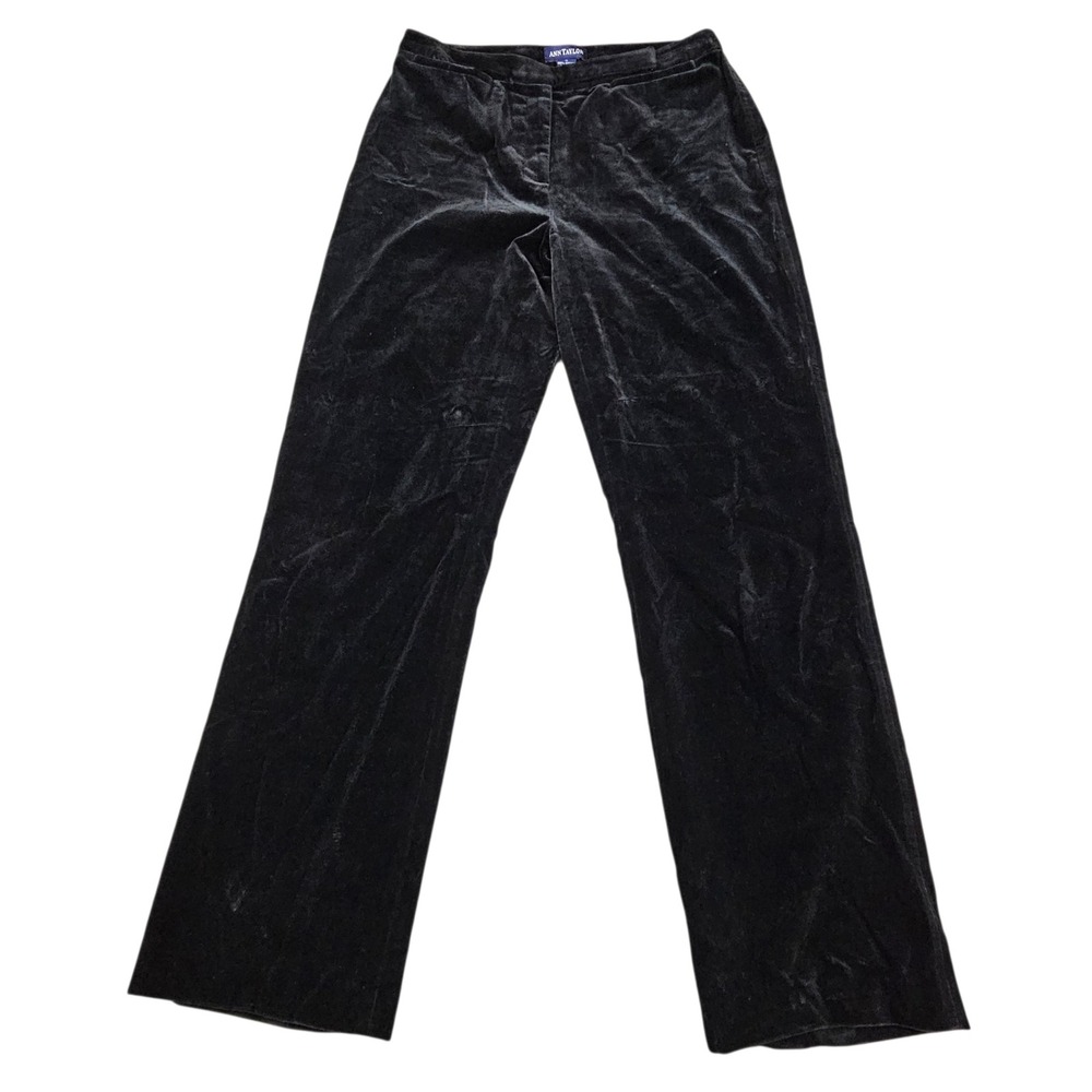 Ann Taylor Pants Sz 4 Black Velvet Straight Leg Cotton Mid Rise Dress Trousers